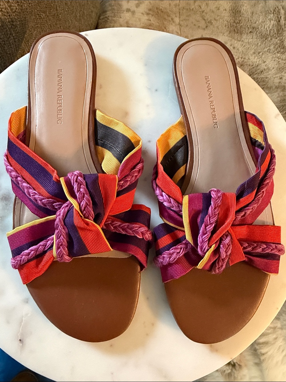 Banana Republic Multicolor Braided Knot Slide Sandals Pink, Orange & Brown, Sz 8
